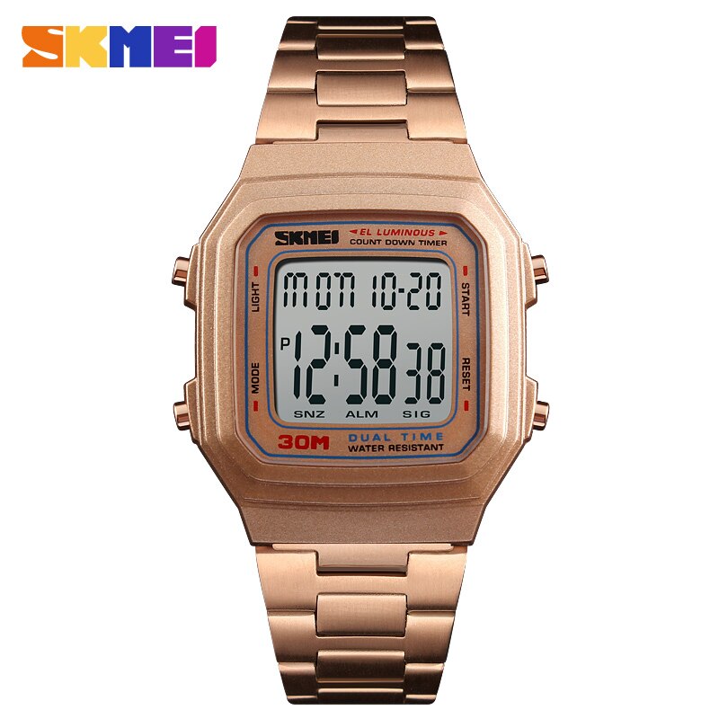 Skmei Sport Heren Horloges Digitale Horloge Countdown Waterdichte Rvs Led Horloges Relogio Masculino 1337: Rose Gold