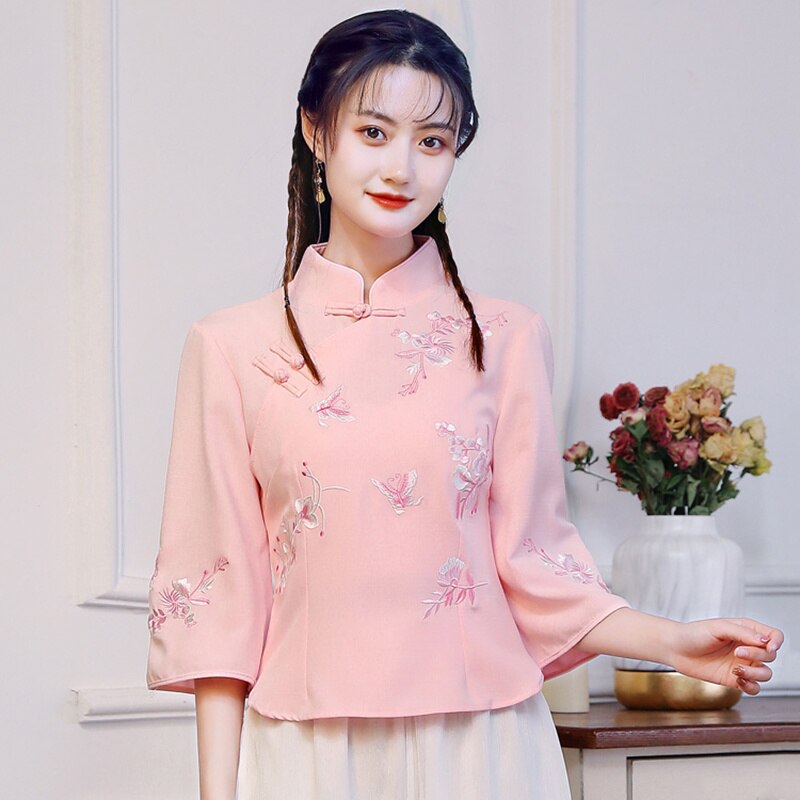 Retro koszula wyszywana w stylu chińskim kobiety lato nowy Hanfu chiny Top Cheongsam tradycyjny strój Tang bluzki Femme 2022: Pink / M