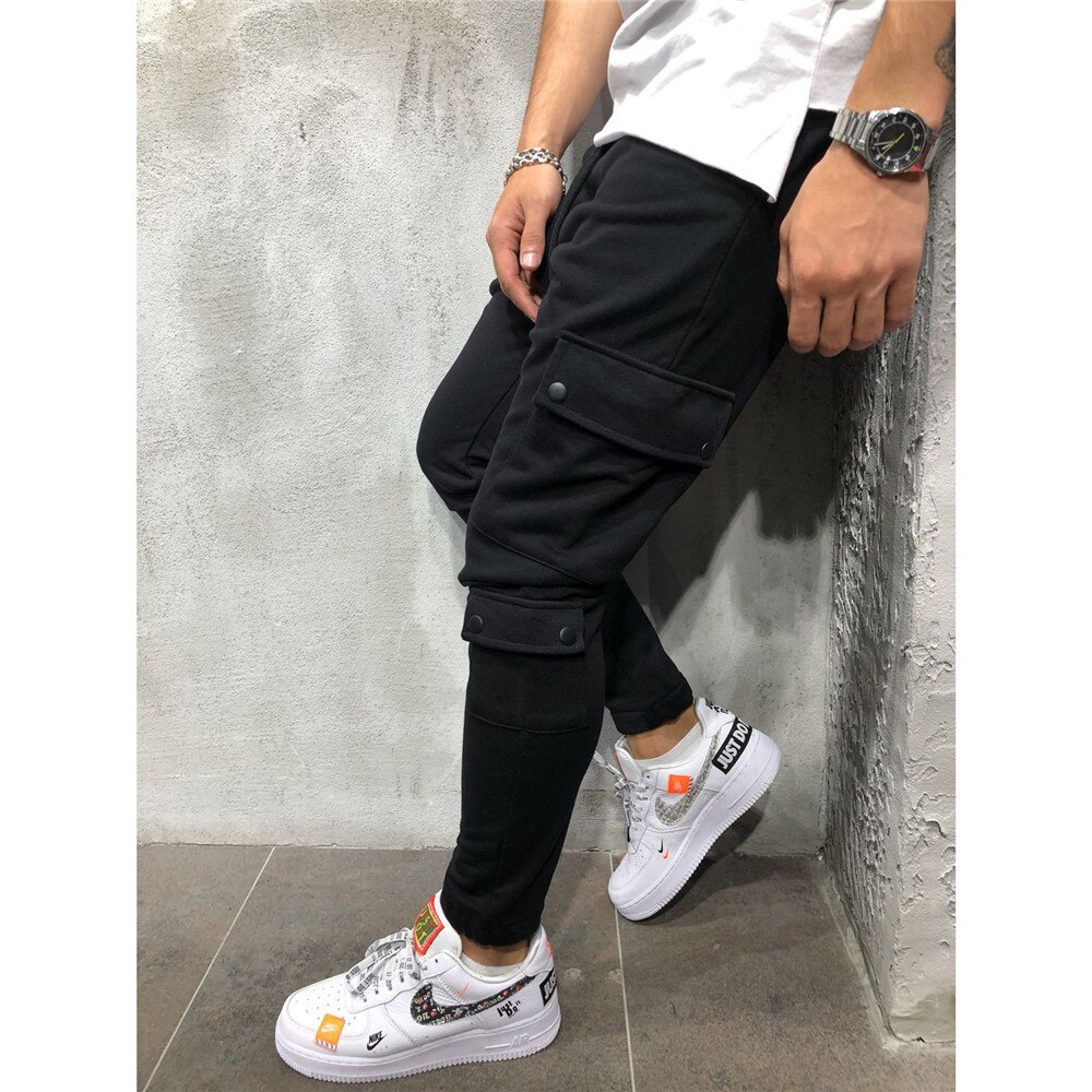 Autumn And Winter Pants Men Joggers Sweatpants Cotton Terry Cloth Streetwear Multiple Pockets Cargo Trousers: XL(175cm 70kg) / PACK03-black