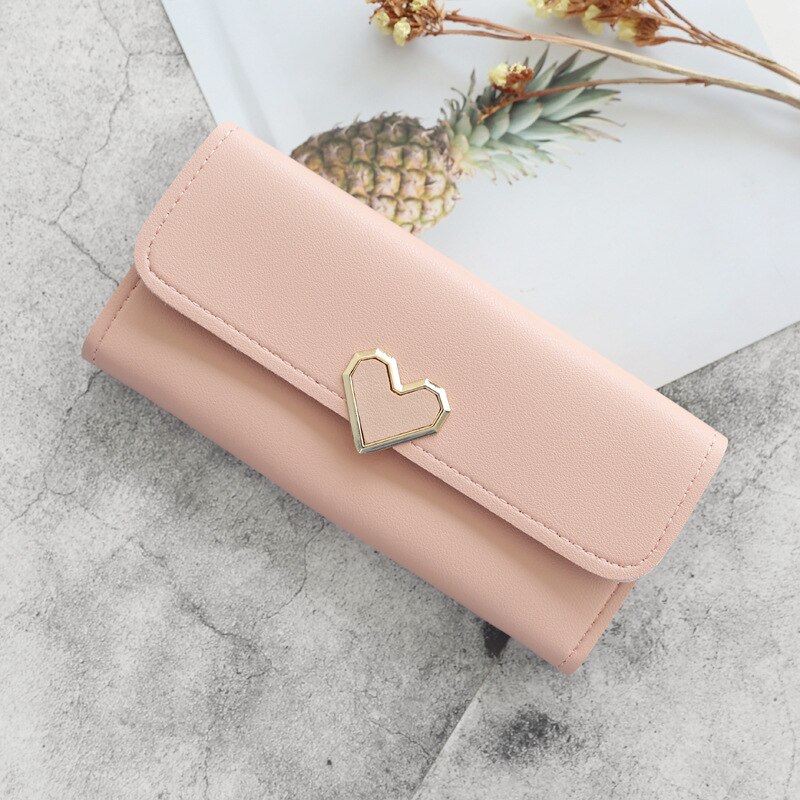 Cute PU Leather Purse Heart-shaped Decoration Long Multi-card Wallet Purse Buckle Clutch Mobile Phone Student Women's Wallet: Pink