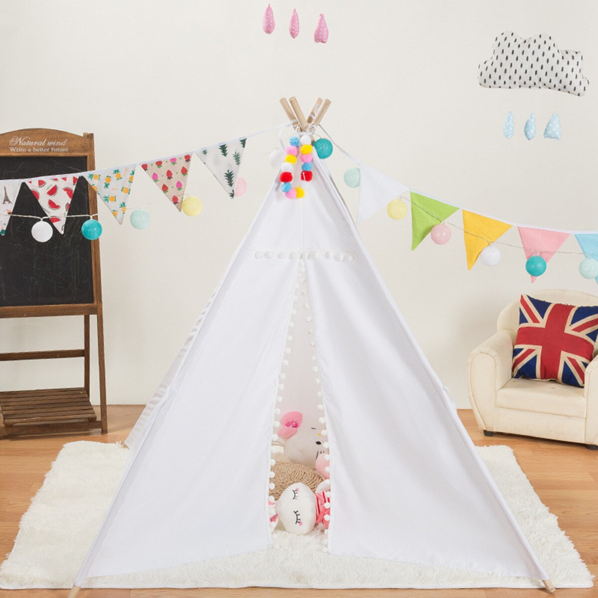 135cm Tipi Tent for Kids Play-Tent Teepee House Wigwam Room Children's Tent Game-House Triangle Teepee Fur ball Sleeping Dome: White