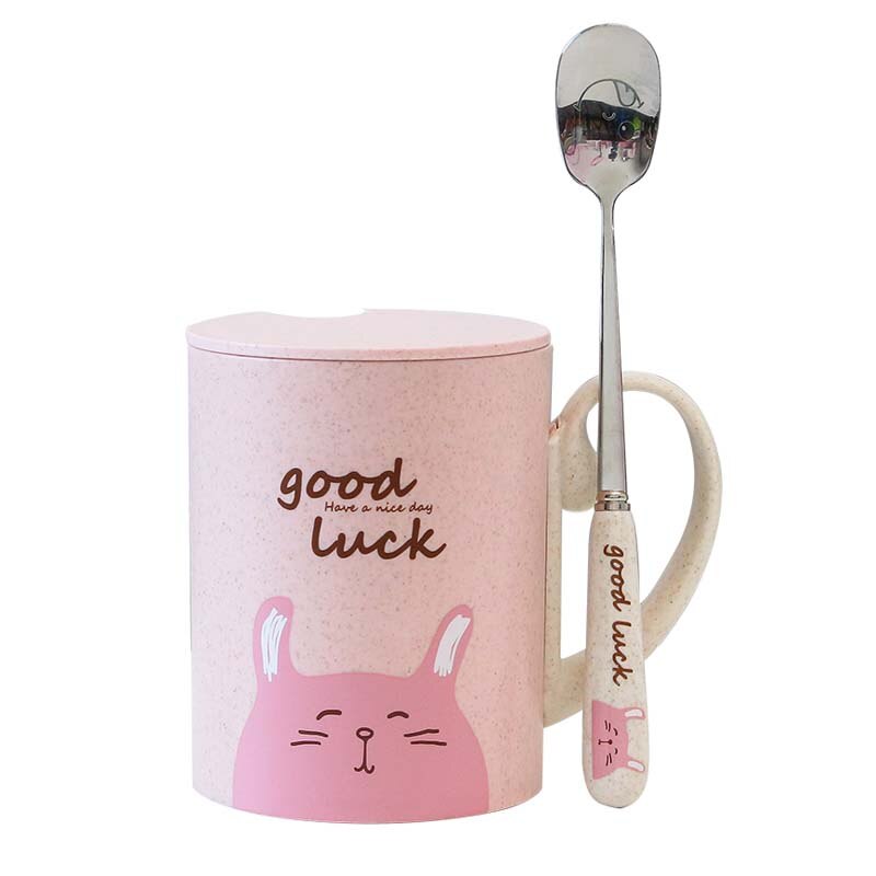 Tazas de bambú para bebé, vasos bonitos de 450ML para alimentación, con asa, cuchara, Material seguro para la Naturaleza, vasos de leche para niños