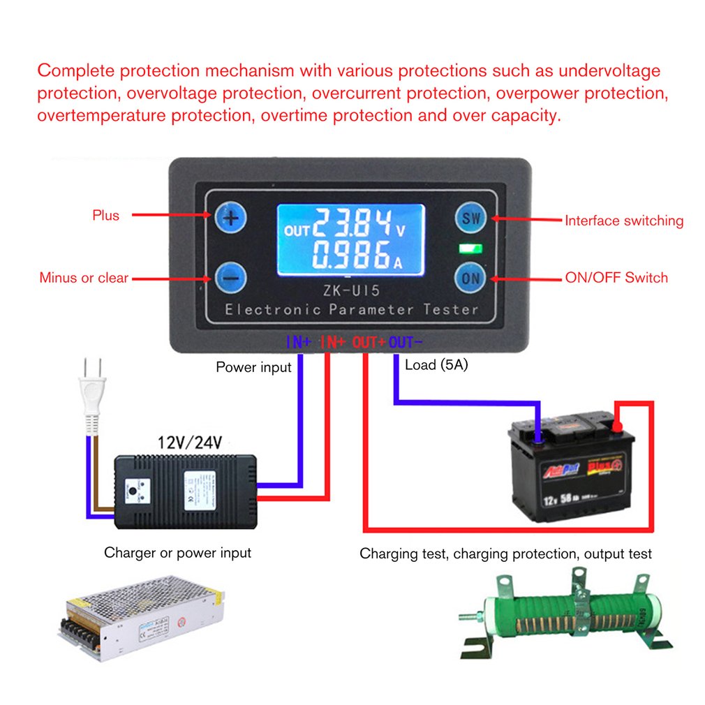 ZK-UI5 Battery Tester Voltmeter Ammeter Electronic Monitor Charger Tester Power Capacity Meter Charge Discharge Controller