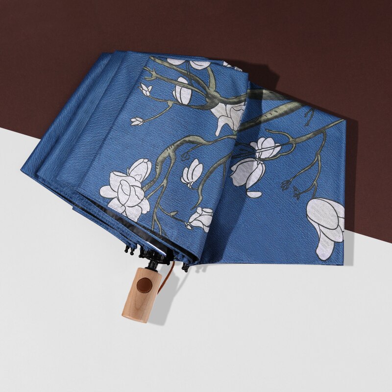 Retro Automatic Umbrella Women Wind Resistant Prevent UV Folding Wood Handle Ladies Flowers Birds Sun Umbrella: Automatic
