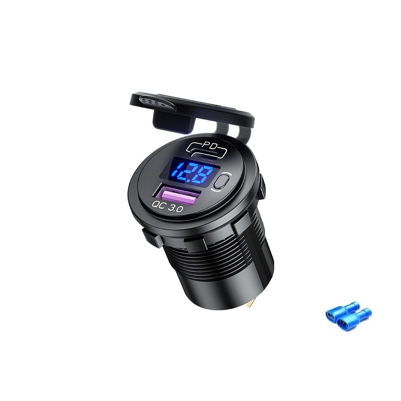 Pd Type C Usb Car Charger Socket En Qc 3.0 Quick Charger 12V/24V Auto Stopcontact socket Met Led Voltmeter Aan/Uit Schakelaar: Blue