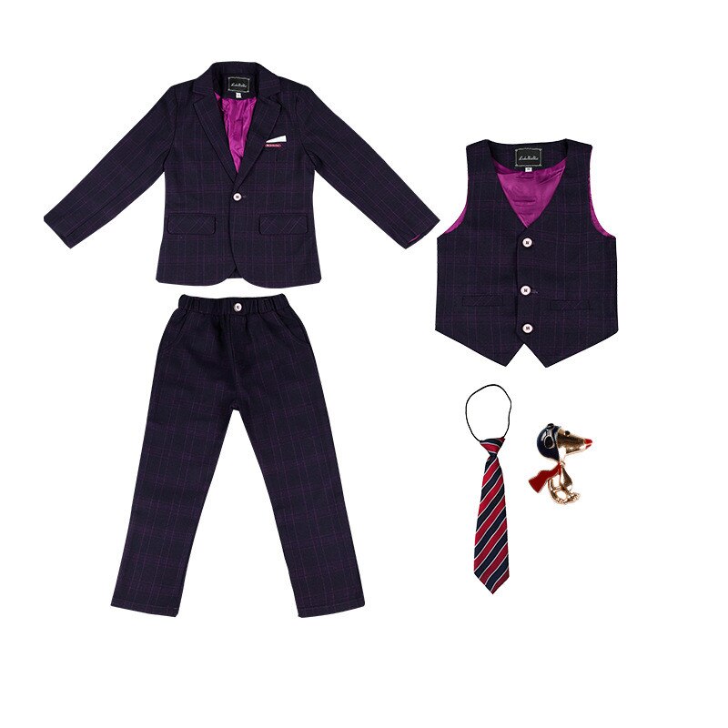 Traje de chaqueta para niños, traje Formal de esmoquin para niños, conjuntos de ropa a cuadros, abrigo de día para de boda, chaleco, pantalón, disfraces: Red 5 Pcs Sets / 150