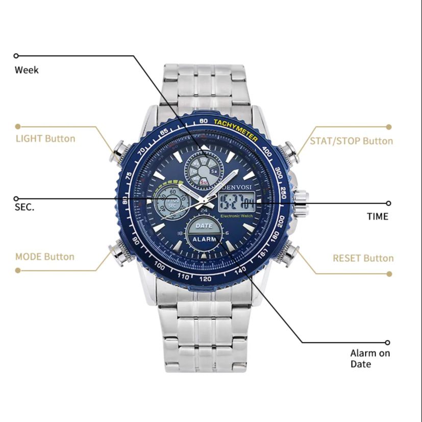 Reloj Athleisure para hombre, reloj electrónico de cuarzo luminoso resistente al agua, cronómetro con pantalla dual