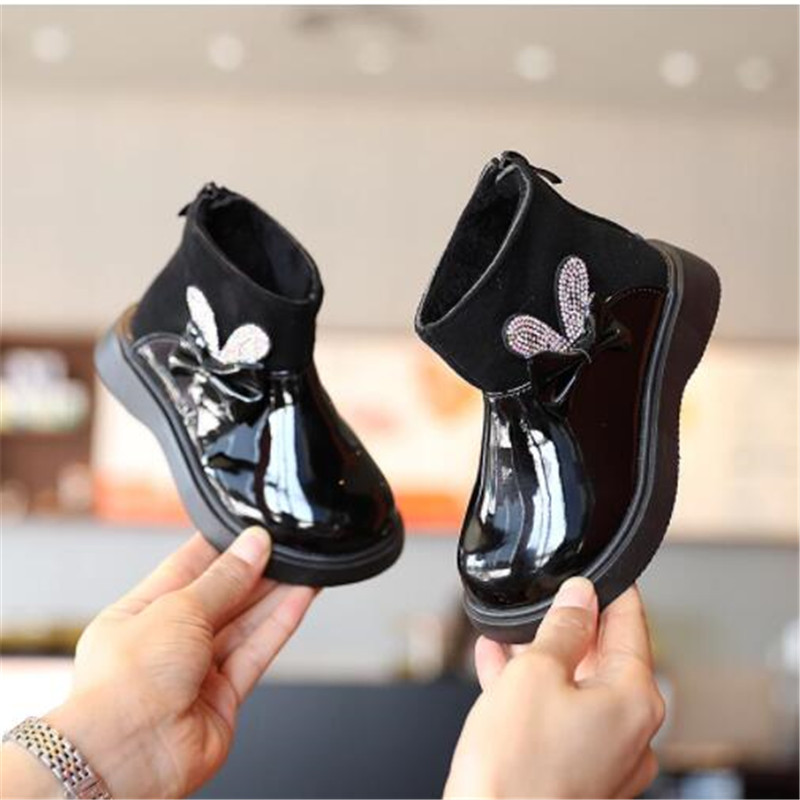 Schleifen-lackleder-kinderschuhe, stiefeletten, chelsea-Stiefel für babys, winterschuhe für freundlicher, mädchenschuhe, schneestiefel für #39- 1-6: Schwarz / 22(  einlegesohle 14.7cm)