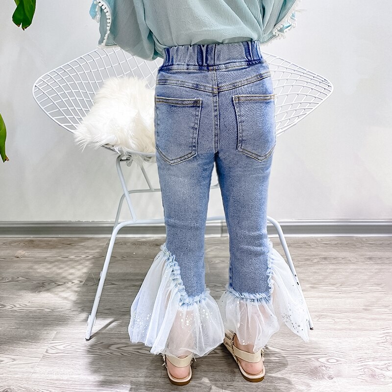 Meisjes mesh patchwork kralen denim broek lente boot cut broek kinderen cowboy broek kinderkleding  ws1474