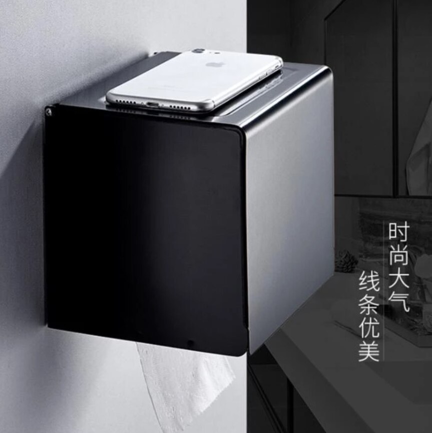 Wall Mounted wall install Bathroom Roll Paper Box paper holder space aluminum Toilet Paper Holder black