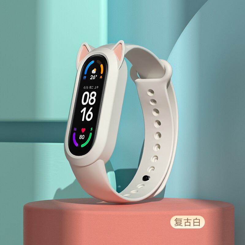 For Xiaomi Mi Band 6 5 4 3 Cat Earmuffs Case Silicone for miband 5 4 Wristband For Amazfit Band 5 Strap Cute style Replacement: Vintage white / For Amazfit Band 5