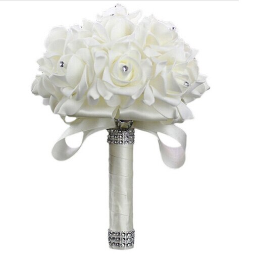 Beautiful Romantic Wedding Simulation Flower Rose Crystal Bouquet Bride Bridesmaid Flower-Girl Wand Best Wedding Floral: Beige
