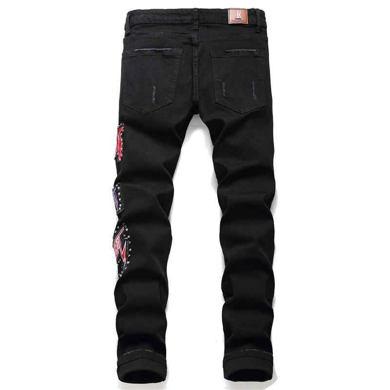 Jean punk rock brodé pour homme, pantalon noir slim décontracté en coton extensible, avec rivets décoratifs