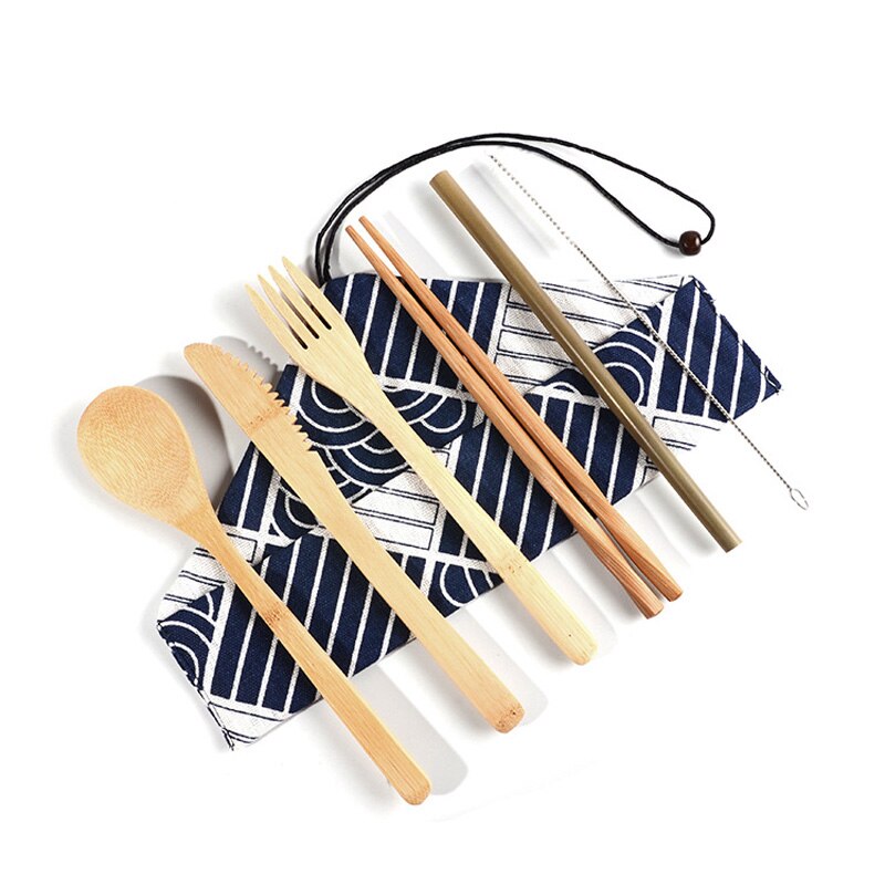 Bærbart træbestikssæt træbestik knive gafler skeer spisepinde rejser spisestue dragt miljømæssigt med taske