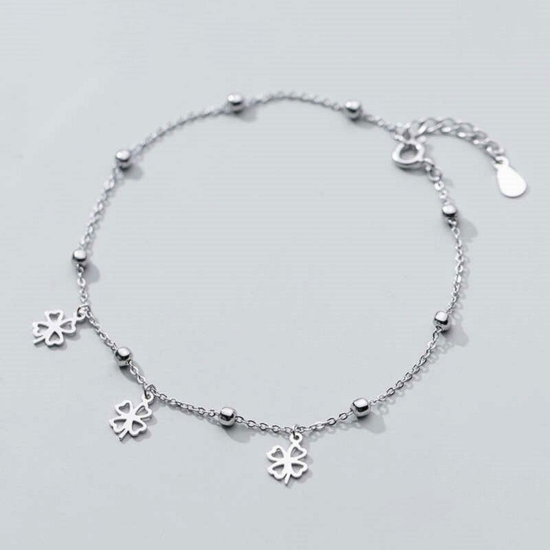Ponykiss trendiges  s925- teiliges sterlingsilber-fußkettchen mit vierblättrigem kleeblatt und hohlkette für damen, partyschmuck, allergievorbeugendes accessoire: Default Title