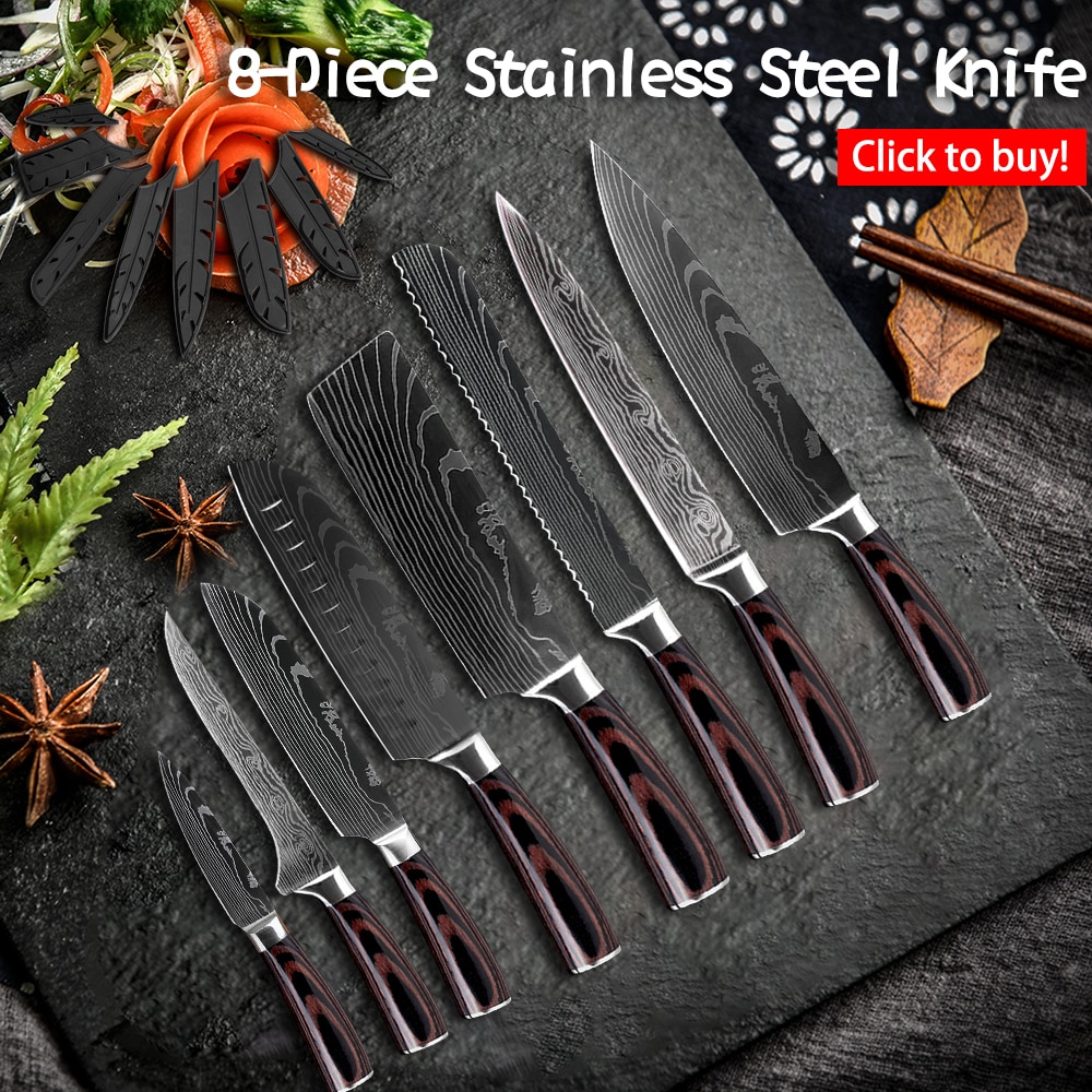 Damask Kitchen Chef Knives Set 7CR17 High Carbon Stainless Steel Sharp Utility Santoku Boning Damascus Pattern Cooking Tools