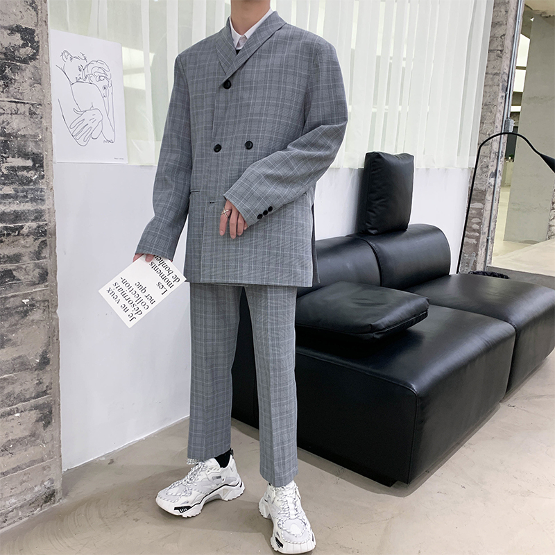 Herfst Pak Broek mannen Mode Business Casual Plaid Broek Man Streetwear Wilde Losse Rechte Jurk Broek Mannen M-XL