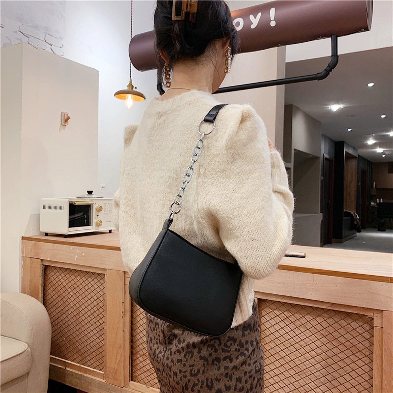 Portable Women Small Shoulder Bag Handbag Lady Travel Retro Solid Color PU Purse for Outdoor Shopping Traveling Supplies