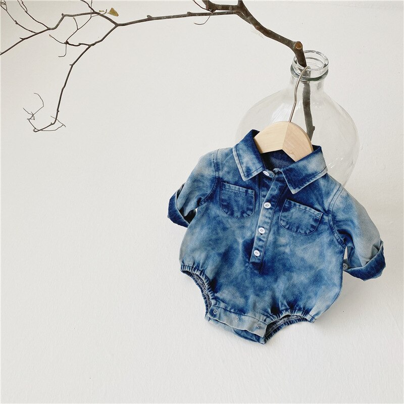 printemps 0-24m enfant en bas âge enfants fille bébé garçon Denim vêtements à manches longues body solide combinaison tenue bébé vêtements: 24M   90cm
