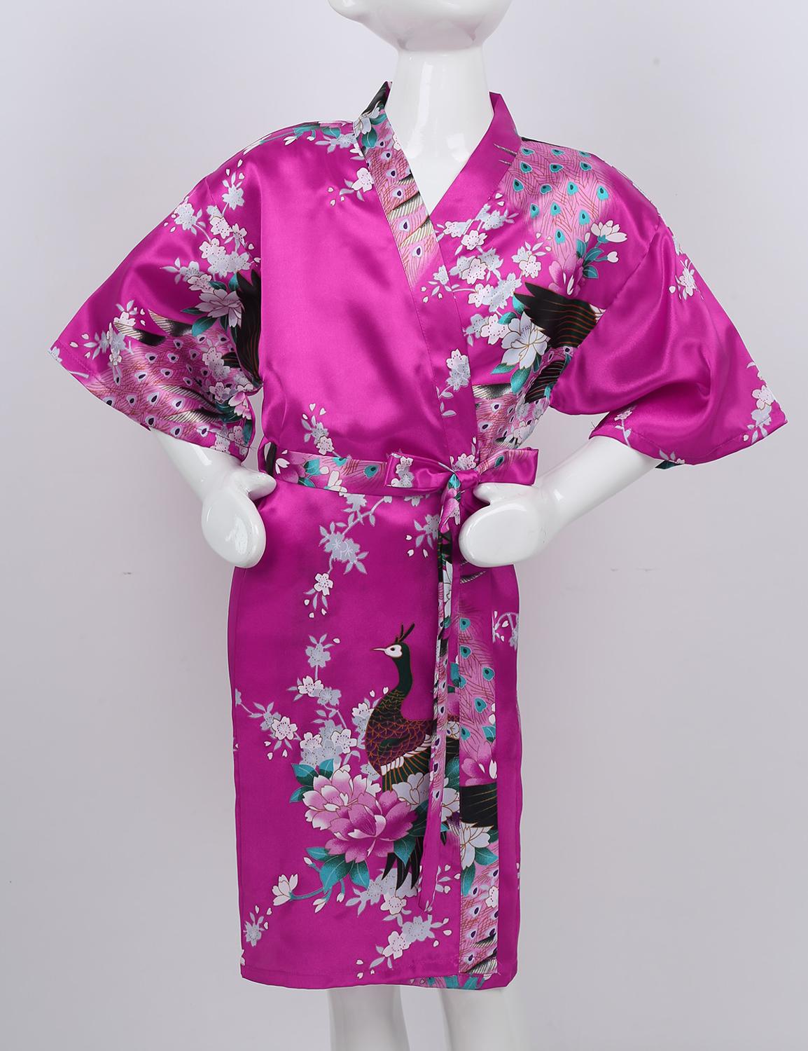 Blomma&påfågel kimono badrock barn flickor siden satin mjuk sovkläder sexig mini brud brudtärna bröllopsrock morgonrock