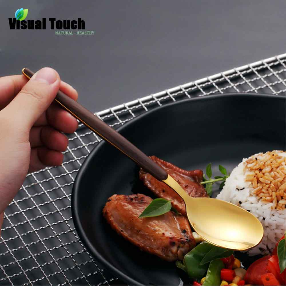 Visual Touch Luxury Silverware Wooden Handle Gold Silver Dinner Flatware Set Dessert Spoon For Home Commercial Reusable