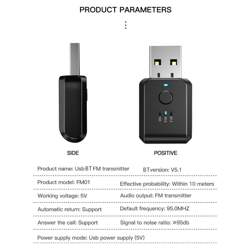 Car wireless bluetooth  v 5,1 transmitter usb  dc 5v fast adapter  fm 95,0 mhz mobile phone hands-free call converter car