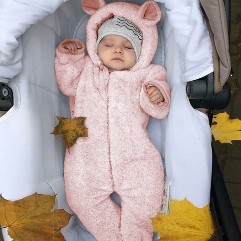 Pasgeboren Baby Jongen Winter Fleece Jumpsuit Solid Hooded Romper Warme Jas Uitloper