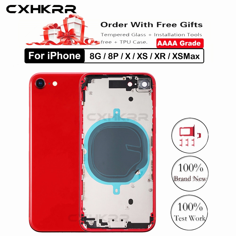 Para o iphone 8plus x/xs/xr traseira habitação quadro médio com bateria traseira porta de vidro capa traseira, preto branco vermelho ouro substituição