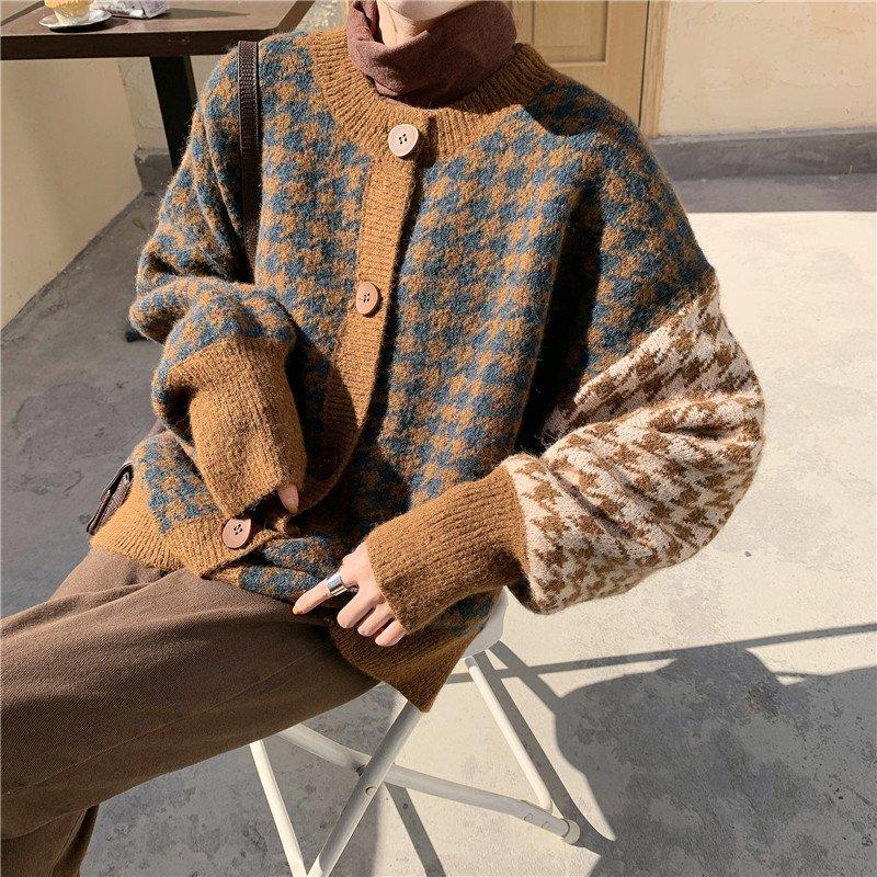 Suéteres de mujer de gran tamaño, suéter de otoño e invierno, cárdigans vintage con botones y cuello redondo, cárdigan holgado de una sola botonadura y mangas abullonadas.
