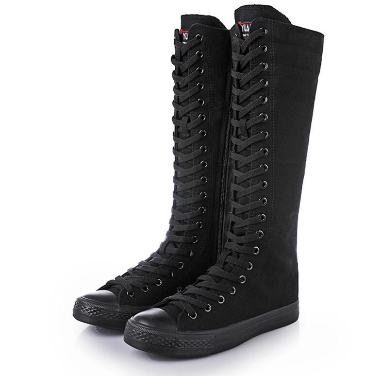 Zapatos de mujer de primavera y otoño, zapatos casuales de lona de caña alta, botas largas con cordones y cremallera, botas planas cómodas, zapatillas deportivas: Negro / 41