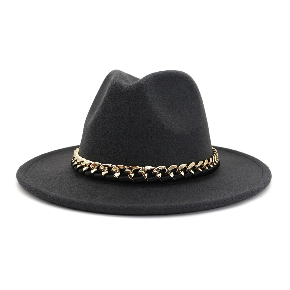 Europæisk amerikansk imiteret uldne bowlerhatte til kvinder mænd vinter efterår vintage bredskygget top jazzhat fedora kasketter med kæde: 15