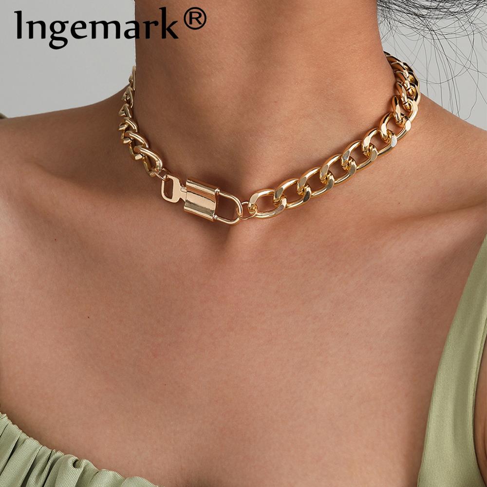 Vintage Cuban Chunky Chain Necklace Collares Steampunk Men Goth Lover Lock Padlock Choker Metal Necklaces Women Jewelry