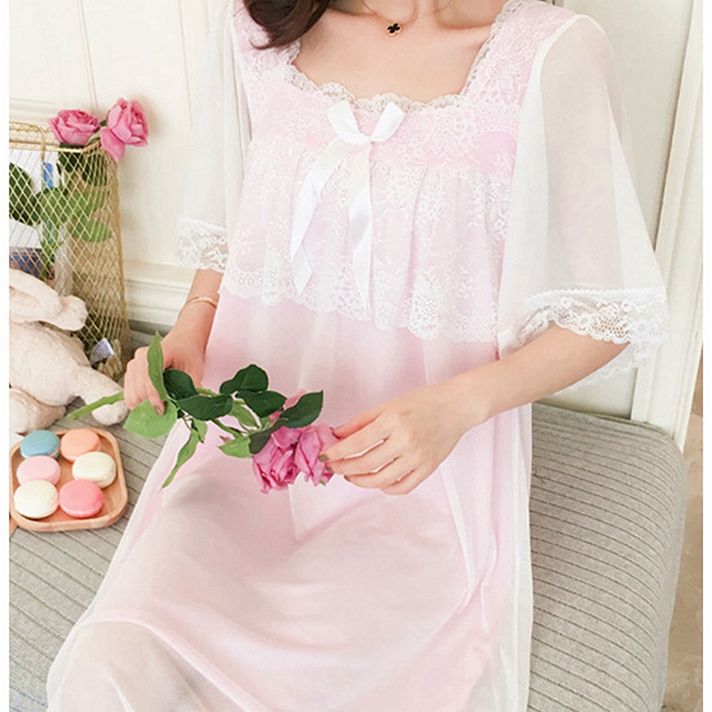 Roze Nachtkleding Vrouwen Vintage Nachthemd Lace Zoete Nachthemden Elegante Neglige Lolita Lounge Nachtjapon Kamerjas Lingerie
