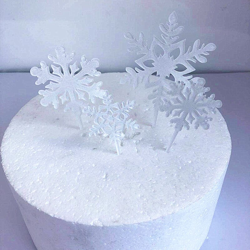 4 stk / parti år jul kage topper snefnug akryl cupcake toppers flag bryllupsfødselsdagsfest baby shower kid forsyninger: Hvid