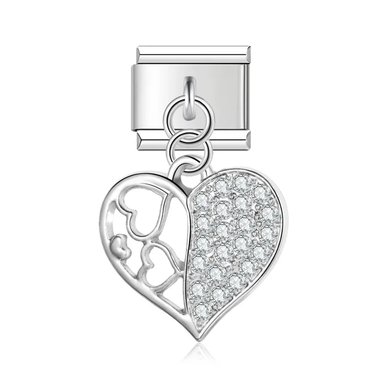 Hapiship Romantic Heart Cherry Shiny CZ Italian Charm Link Fit 9mm Bracelet Stainless Steel Making DIY Jewelry DJ605: Rhodium Plated