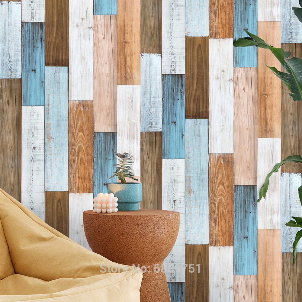 Papel tapiz de vinilo autoadhesivo para decoración del hogar, 3D tablón de madera, color marrón/Blanco/azul, para pared de habitación y ducha