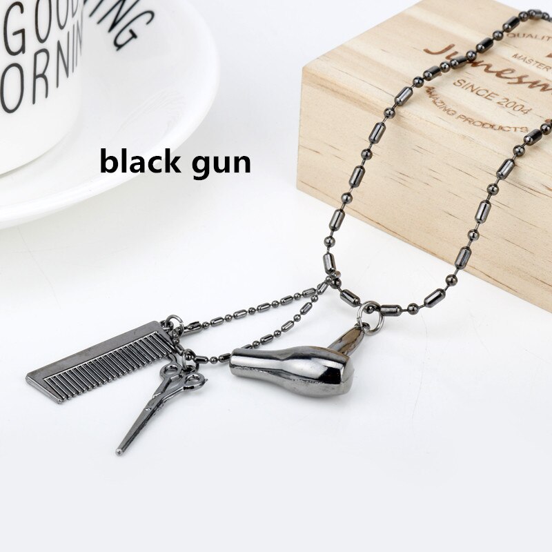 Barber Shop Pole Necklace Hair Dresser Tools 3D Barber Pole Razor Dryer Scissors Comb Hairdresser Pendants Necklaces Men Women: L black gun