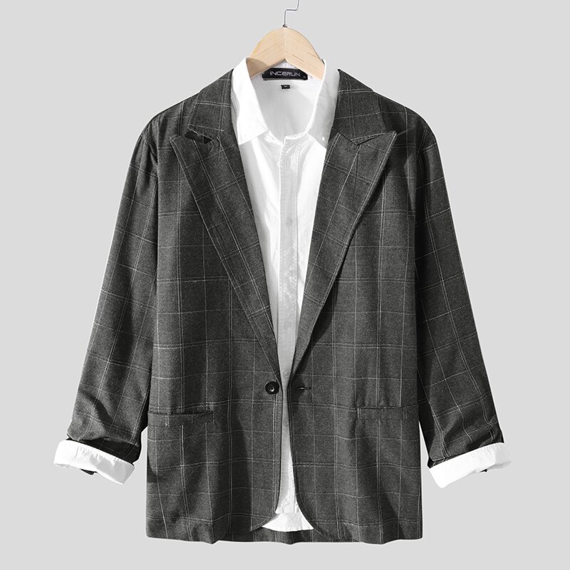 INCERUN Men Plaid Blazers Long Sleeve Turn Down Collar Streetwear Men Casual Suit Leisure Business Jackets Pockets Blazer: Grey / L