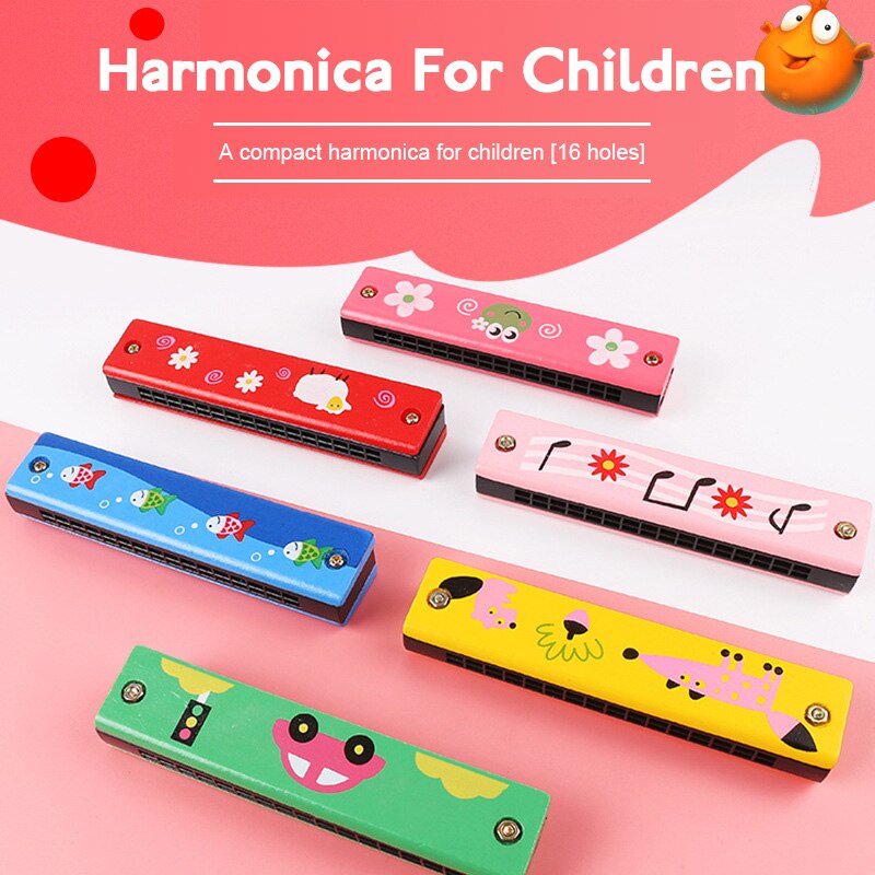 Double Row 16 Hole Harmonica Musical Instruments Children's Wooden Painted Harmonica Early Education Toy Teaching