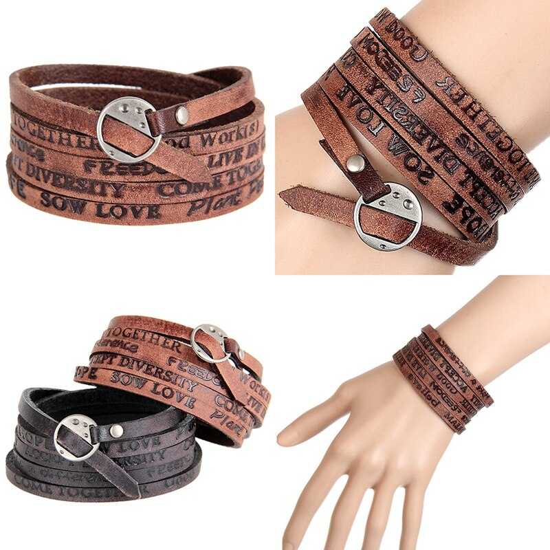 the Bracelet Embossed English Letters Leather Retro Old Multi-Turn