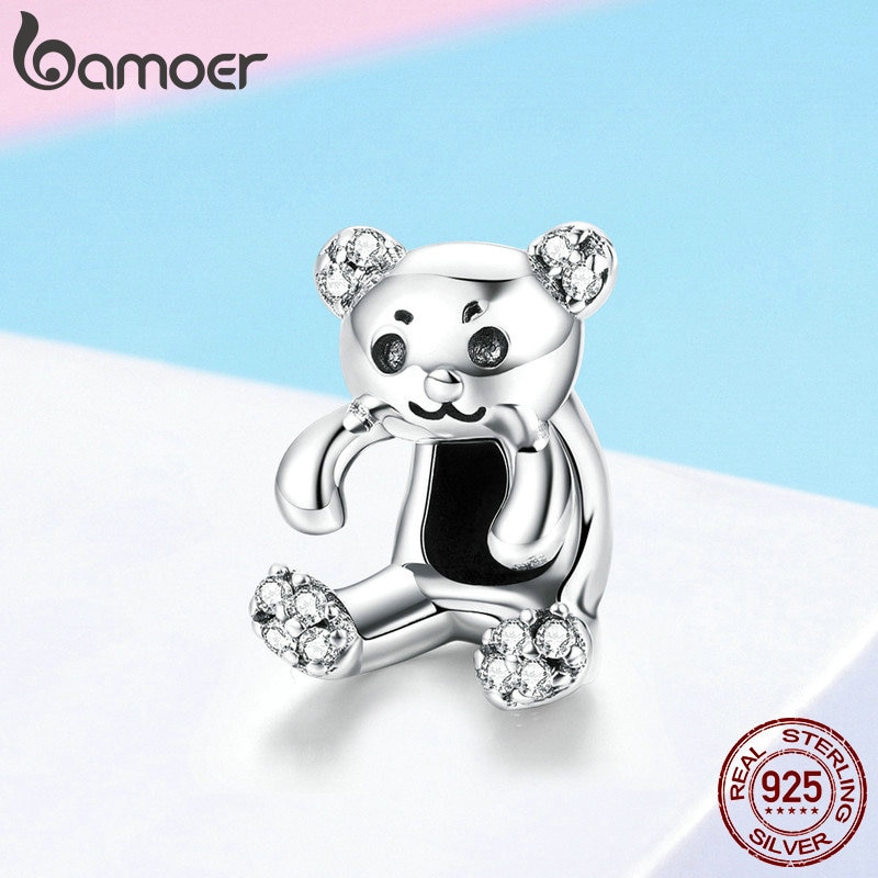 BAMOER Authentic 925 Sterling Silver Little Bear Pendant Clear CZ Animal Charms Fit Charm Bracelets Necklace DIY Jewelry SCC984