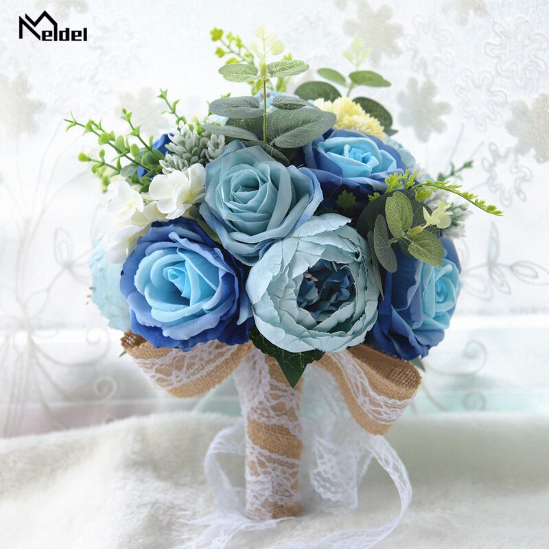 Meldel Wedding Bouquet Bridal Holding Flower Silk Rose Calla Eucalyptus Leaves Forest Bouquet Wedding Supplies DIY Home Decor: A-blue