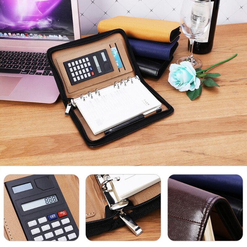 PU Leather Cover A6 Zipper Notebook Loose-Leaf Business Notepad With Calculator