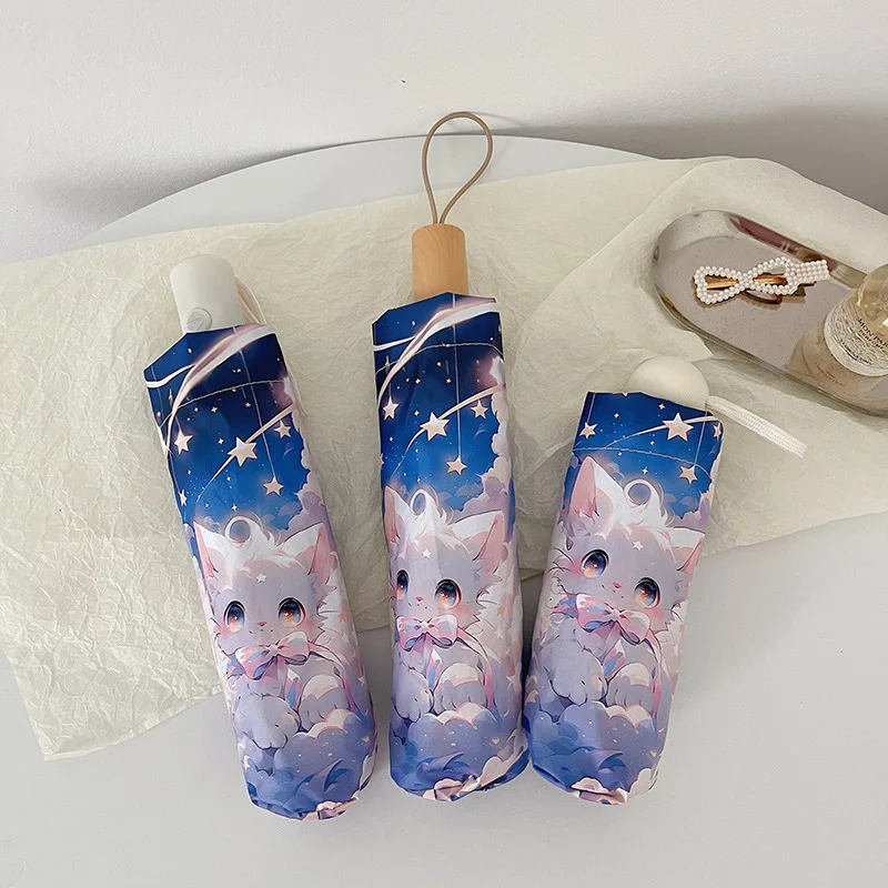 Opvouwbare paraplu met schattige kattenprint, zonbescherming en UV-verdediging, compact, automatisch versterkt frame, polyester pongee-stof voor dames
