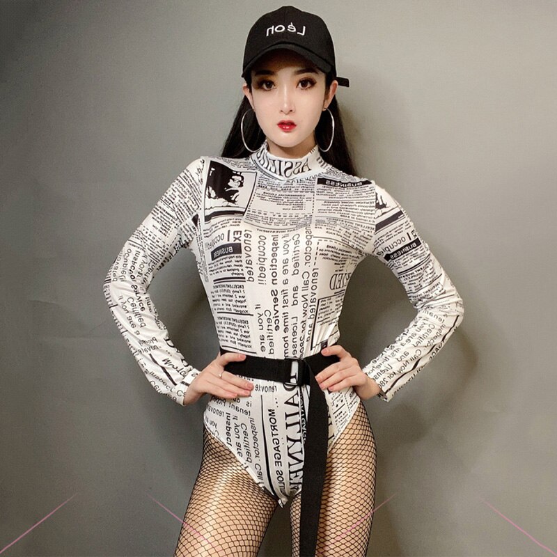 Hip Hop Costumes Adults Print Long Sleeve Bodysuit Women Street Dance Clothes Nightclub Bar Dj Ds Performance Wear DNV13381