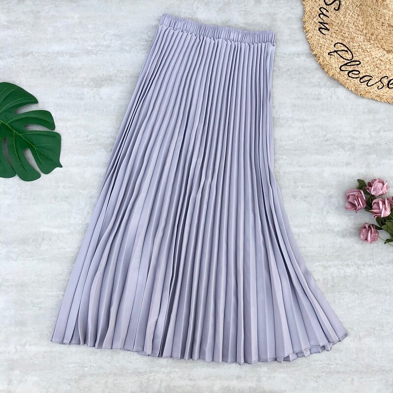 Faldas Midi plisada de gasa para mujer, faldas largas de cintura alta, Color liso, estilo informal, para primavera y verano: gray