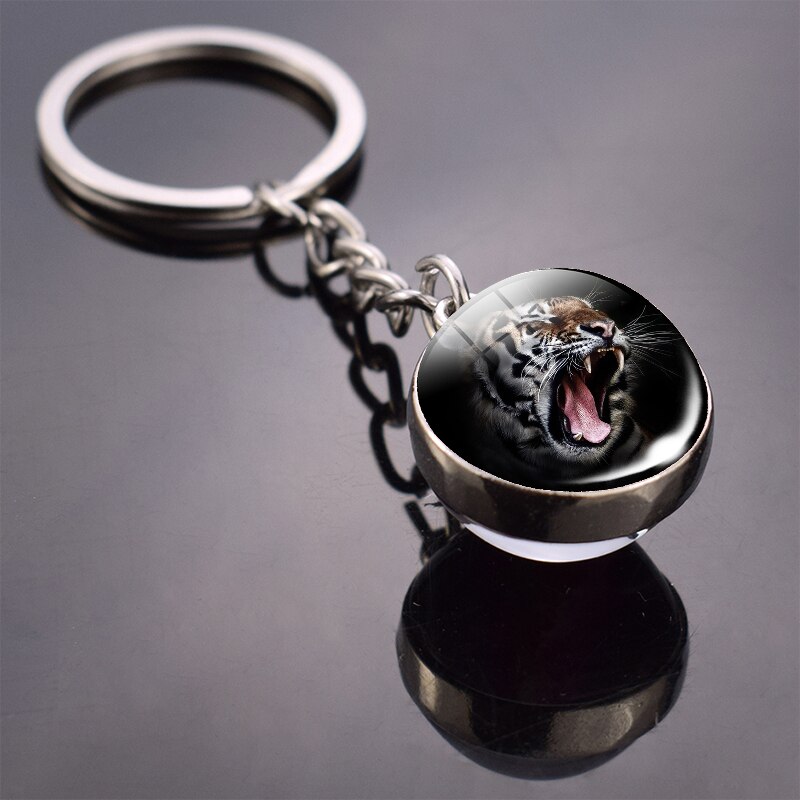 Tiger Keychain Animal Tiger Head Picture Glass Ball Key Chain Ring Keyfob Tiger Jewelry Valentine's: Yellow