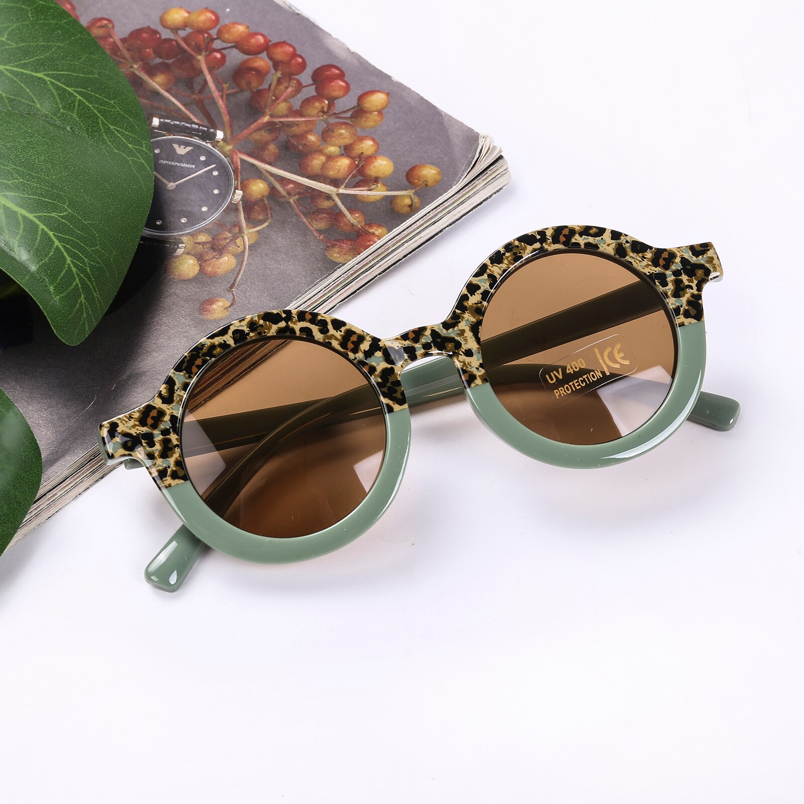 novedad de verano de los niños gafas de sol de marco redondo leopardo gafas anti-UV gafas de sol tonos de gafas para niños: Verde militar