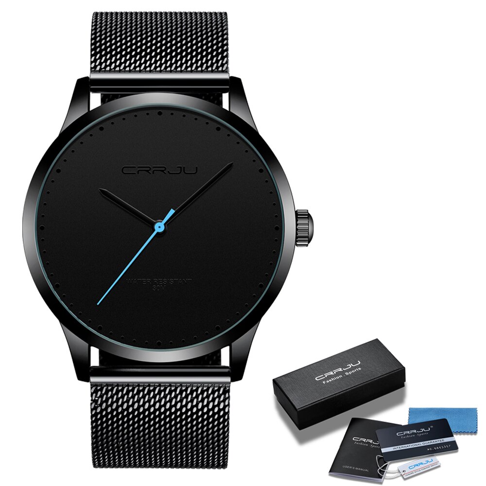 Relogio Masculino CRRJU zegarek dla mężczyzn czarna duża tarcza Casual zegarki kwarcowe unikalne proste zegarki sportowe Mesh wodoodporny zegarek: black black BOX