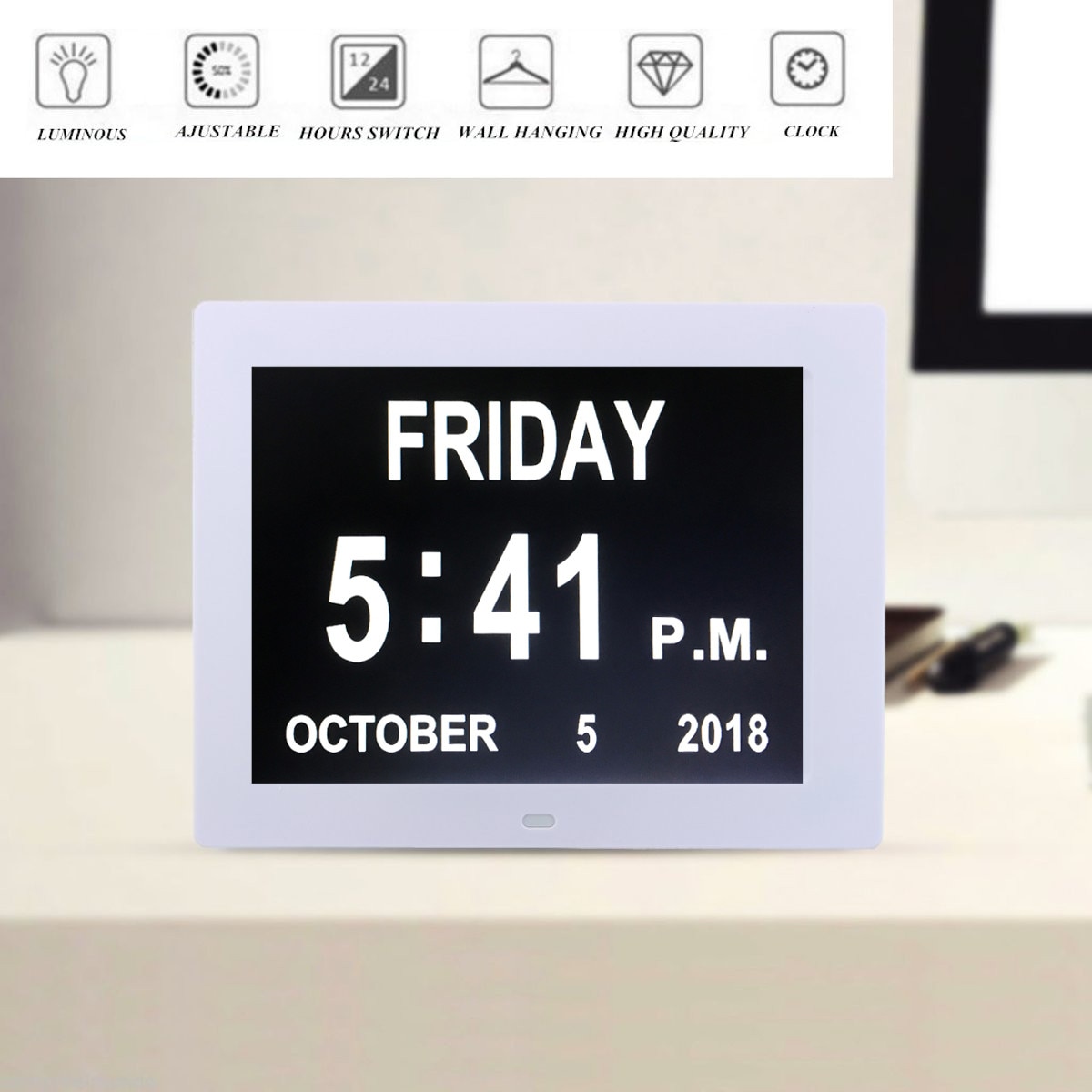 7 tommer led demens digital kalender dag/uge/måned/år urstativ fotoramme stort vægur kalenderalarm dag/nattilstand
